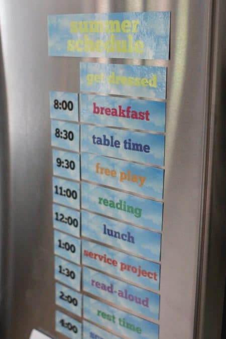 our summer schedule printed and laminated on the fridge