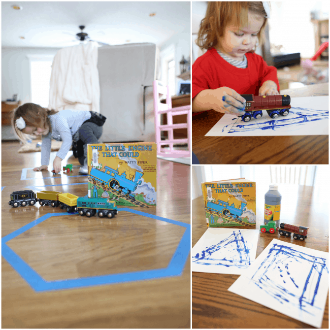 Tracing Shapes with Trains 2 different ways after reading The Little Engine that Could