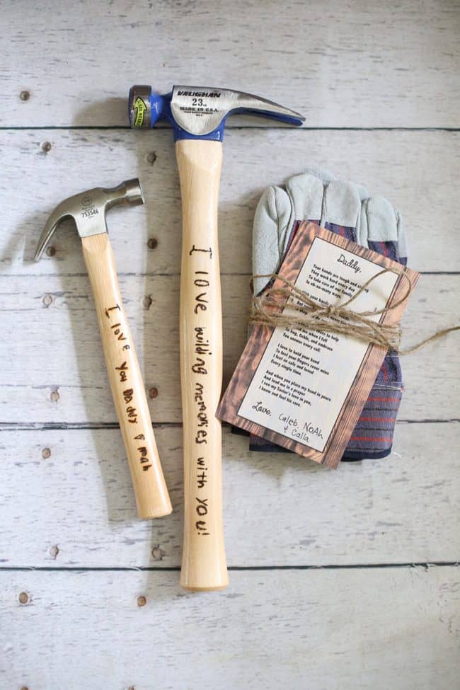 Father's Day Gift set personalized engraved hammer and handprint work gloves